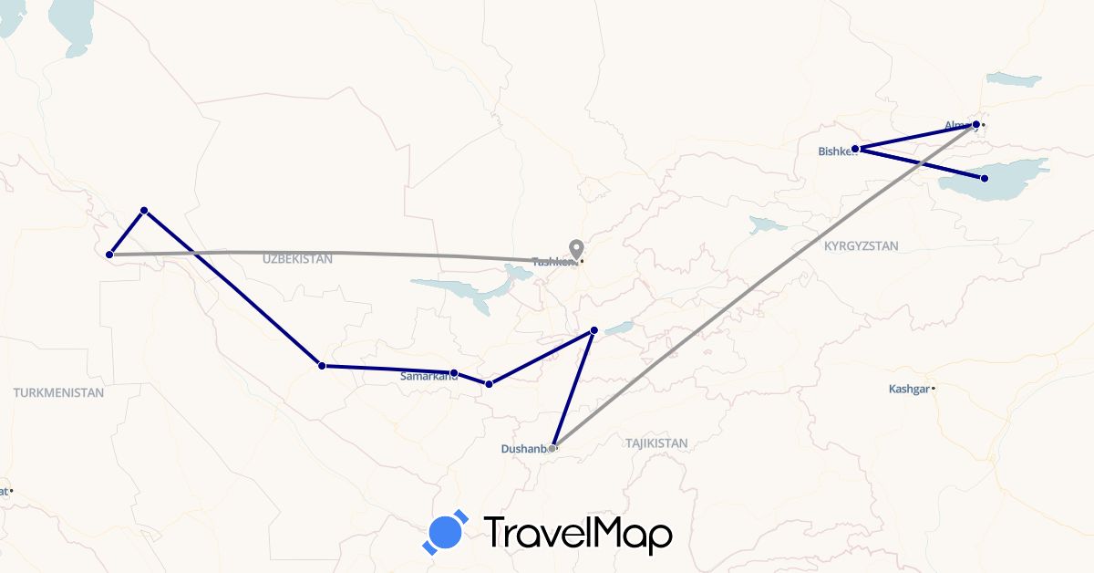 TravelMap itinerary: driving, plane in Kyrgyzstan, Kazakhstan, Tajikistan, Uzbekistan (Asia)